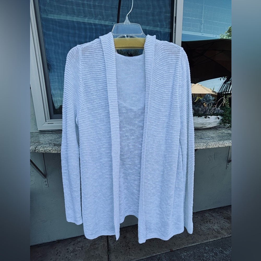 Eileen Fisher White Linen Open Cardigan with Hood